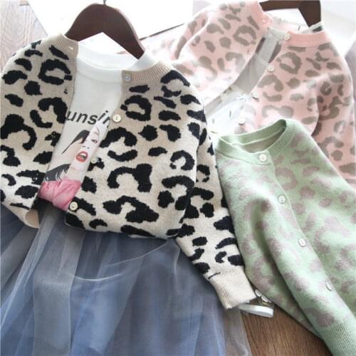 Girls' cardigan coat knitted sweater leopard print little girls' coat baby coat 2021 spring and autumn new girls fall clothes