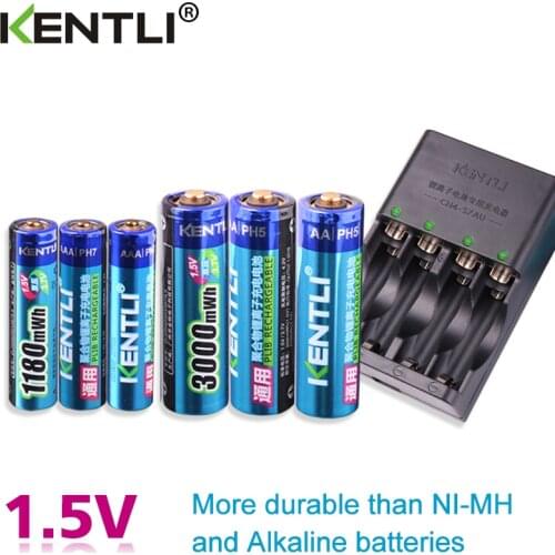 KENTLI 6pcs 1.5v aa aaa batteries Rechargeable Li-ion Li-polymer Lithium battery + 3 slots AA AAA lithium li-ion Smart Charger