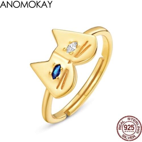 Anomokay Lovely Mandarin Duck Eyes Cat Gold Color Rings Adjustable Jewelry S925 Silver Animal Rings for Gift