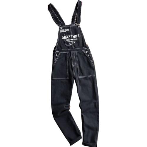 Mens Japanese and Korean black letters loose denim overalls bib jeans hip-hop street clothing casual overalls