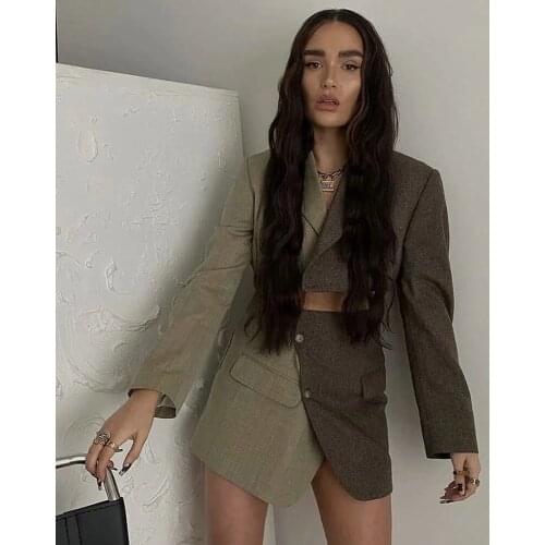 XIKOM Women Two-piece Set Vintage Color Matching Office Lady Single Button Short Blazer Female Casual Slim High Waist Skirt Suit