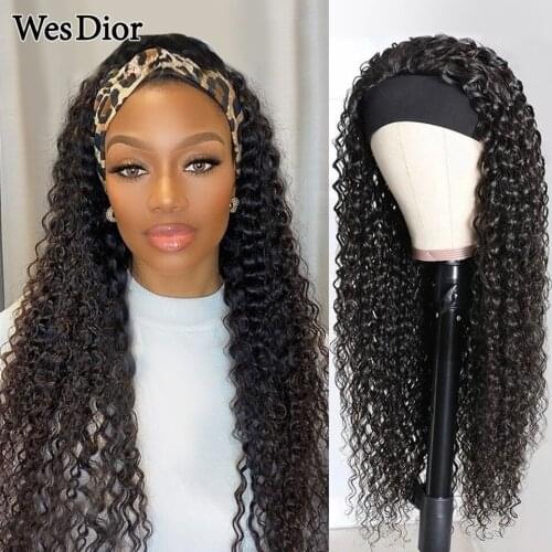 HeadBand Human Hair Curly Wigs Brazilian Kinky Curly HeadBand Scarf Wig Glueless Full Machine Made Wig For Black Women Remy Hair