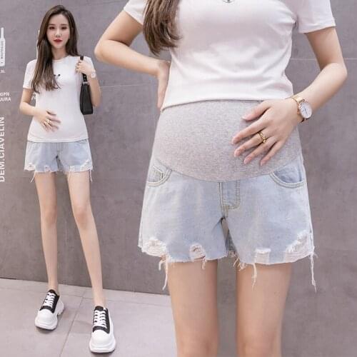 Summer Hot Denim Maternity Short Jeans Ripped Hole Light Blue Casual Shorts Clothes for Pregnant Women Pregnancy