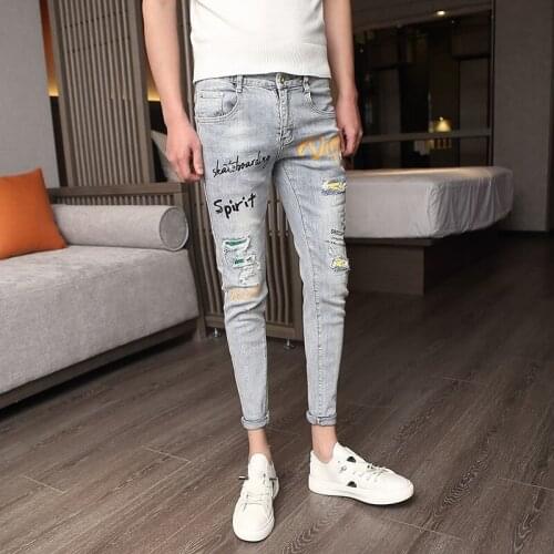 Slim Jeans Mens 2021 Summer New Vintage Pockets Hole Design Stretch Korean Style Printing Fashion Casual Ankle Length Pants