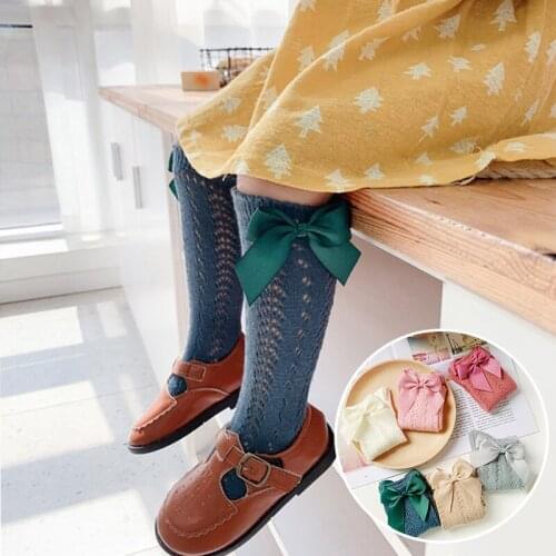 Cute Bow Baby Socks Solid Color Princess Girls Knee High Socks Soft Cotton Breathable Summer Mesh Socks For Toddler Kids 1-3Y