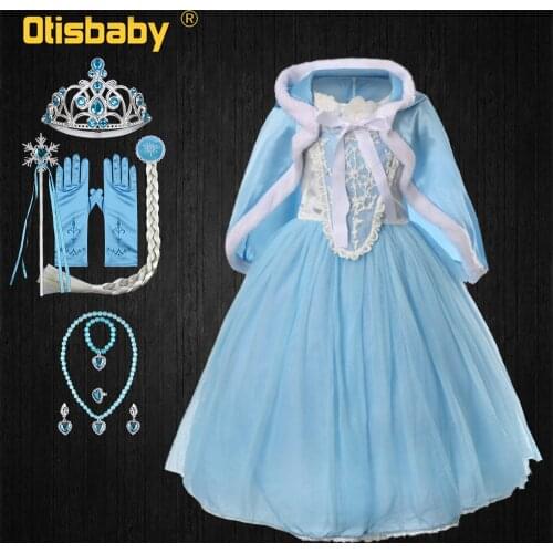 Snow Queen Girls Princess Dress with Fairy Hooded Cloak Blue Dresses for Girls Childrens Party Cosplay Costume Elza Frock