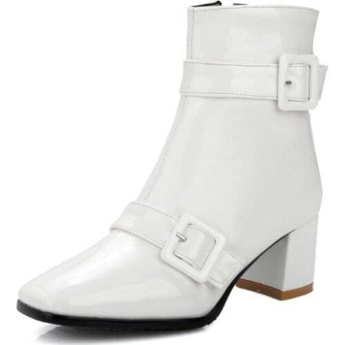 Big Size Simple square head, thick heel, middle heel, metal buckle side zipper, trendy womens boots