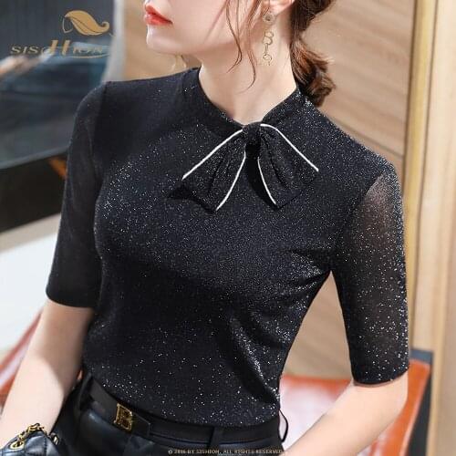 SISHION Bling Shinning Autumn Women Tops VD2279 Half Sleeve Black Blue Coffee Mesh T Shirt