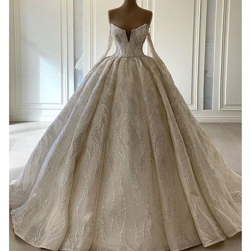 Gorgeous Beads Sequins Ball Gown Wedding Dress 2021 Sexy Open Back Deep V Neck Long Sleeve Wedding Bridal Gowns Vestido De Noiva