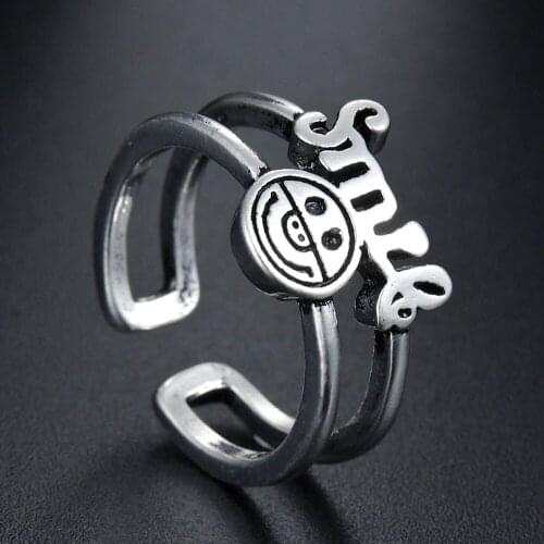 Vintage Rings Happy Smiley Face Tibetan Silver Adjustable Open Ring Hip Hop Statement Big Large Retro Gothic Women Men Jewelry