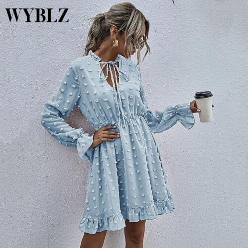 WYBLZ Women Dresses Summer 2021 Elegant Office Ladies A Line Dress Flares Sleeves Polka Dot V Neck Vintage Dresses Vestidos Muje