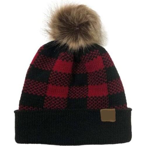 XEONGKVI Europe America Flanging Grid Fashion Christmas Hat Beanies Autumn Winter Warm Removable Venonat Knitted Cap For Women