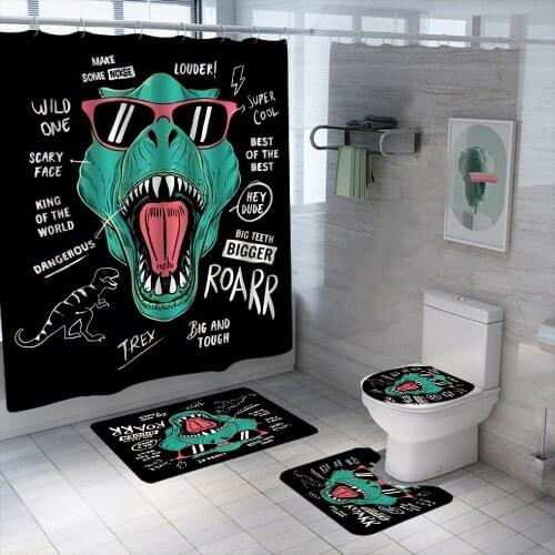 3D Funny Dinosaur Shower Curtain Set Waterproof Washable Polyester Bath Curtain Anti-slip Rugs Toilet Lid Cover Bath Mat Set