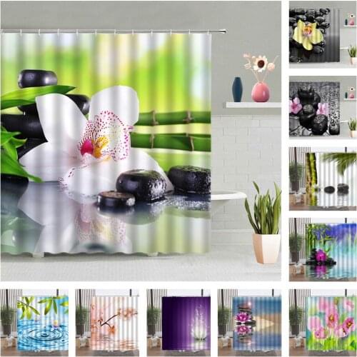 Zen Stone Buddha Shower Curtain Water Lotus Flower Scenery Bath Screen Bathroom Accessories Set Waterproof With Hook Home Decor
