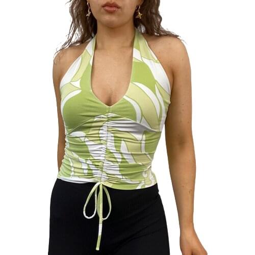 Y2K Women Halter Tank Tops Adults Sleeveless Ruched Printed V-neck Pullover with Drawstring