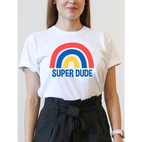 Super Dude Letter Print t shirt women Vintage Rainbow 100% Cotton Short Sleeve Casual tops & tees Trendy Girl Summer tee shirts