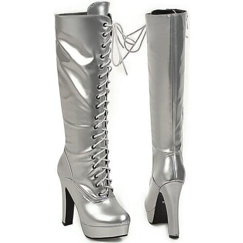 Fashion Patent Leather Knee High Boots Women Sqaure High Heel Long Boots Platform Lace Up Autumn Winter Female Boots Black Gold