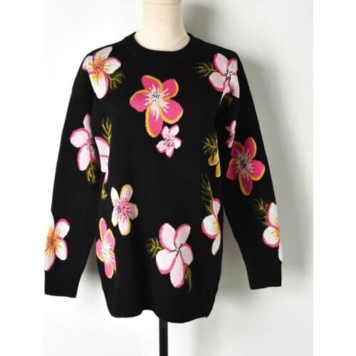 Runway Casual Loose Winter Sweater Women New Sweet Bauhinia Flower Jersey Mujer Long Sleeve Knitted Pullover Jumper