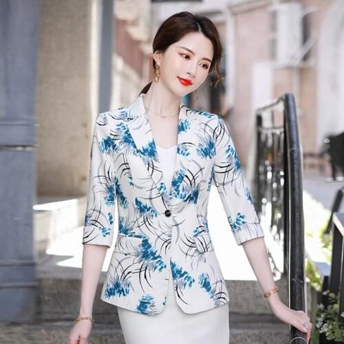Women 2021 Spring Summer Fashion Print Blazer Coat Vintage Single Button Three Quarter Sleeve Female Outerwear Chic Tops X251