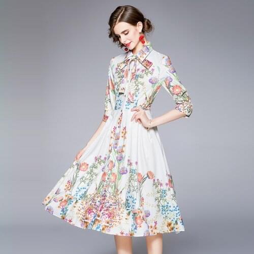 Fashion Runway Summer Vintage Party Dress Women Turn-down Collar 3/4 sleeve Single-breasted Print High Waist Midi Dress k6201