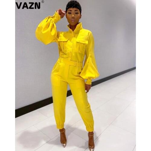 VAZN 2020 Hot Sexy Women Holiday Full Sleeve V-neck Straight Rompers Shinny Jumpsuit Sexy Fashion Solid Yellow Jumpsuits