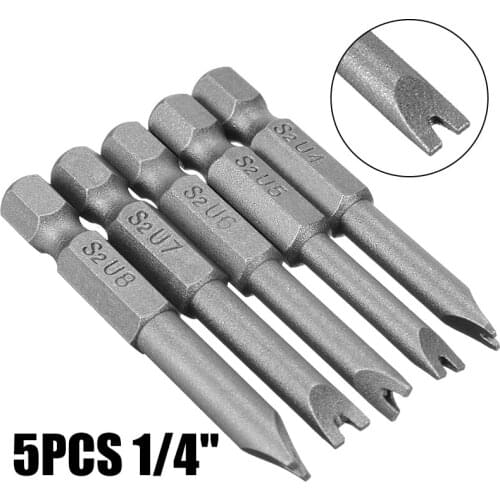 5pcs 1/4" U Shape Screwdriver Bit S2 Steel Screwdriver Bit Hex Shank Magnetic 50mm U4-U8 For Electric Screwdrivers Hand Tools