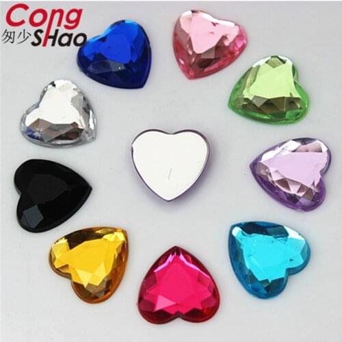 Cong Shao 200pcs 14mm Acrylic Heart rhinestone applique stones and crystals Gems Flat Back costume Button Accessories CS700