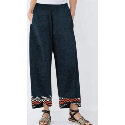 EaseHut Vintage Geometry Print Women Cotton Linen Pants Elastic Waist Wide Legs Pants 4XL 5XL Summer Autumn Female Trousers