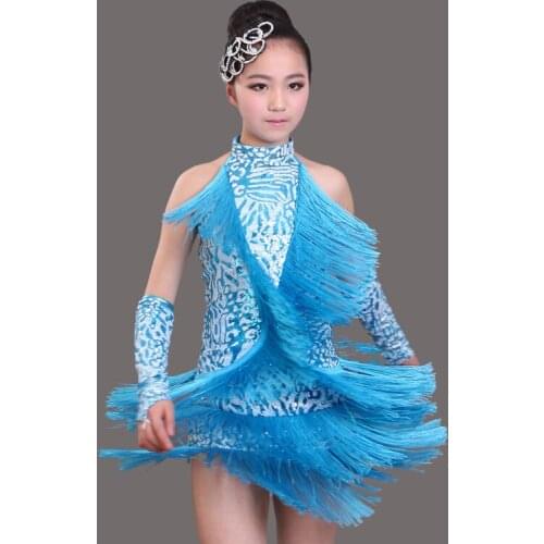 Blue/red/black/pink tassel sequins Childrens Latin dance clothing for girls tango/samba/rumba dance practice/performance show