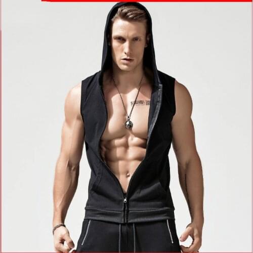 Sleeveless T-shirt Mens Cardigan Hooded Sports Fitness Vest Mens Summer Slim Waistcoat Running Training Wear