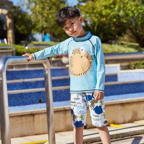 Boys' Long Sleeve Rashguard Surf Swim Shirt with Trunks Sun Protective Swimsuit Bating Suit with Swim Cap Surfing 85cm-150cm