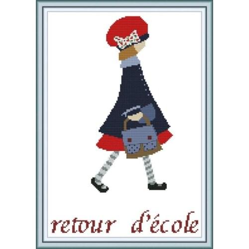 Joy Sunday Cross Stitch Patten Girl with A Bag Handmade Cross Stitch Canvas Printed Embroidery Needlework Kit Home Decoration