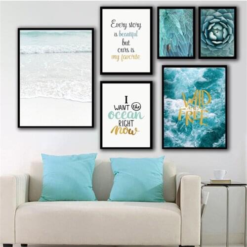 Cactus Flower Blue Sea Feather Canvas Painting Wall Art Home Decor DIY Green Plant Fresh Modern Print Picture Living Room Decor