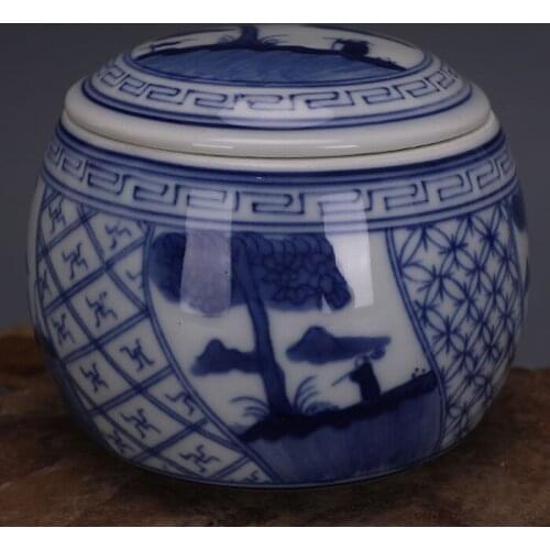 Chinese Qing Dynasty Hand-Painted Blue And White Wuliang Dapu Figures Ceramic Tea Cans