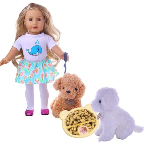 Doll Clothes+3 Colors Soft Plush Toy Dog With Bowl Set For 18 Inch American Doll&43 Cm Born Doll For Generation Baby Girl`s Toy