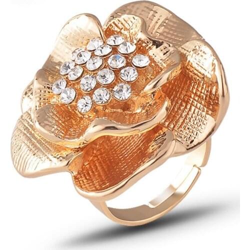 Fashion Rose Shaped Gold Color Clear Rhinestone Adjustable Rings for Women Jewelry