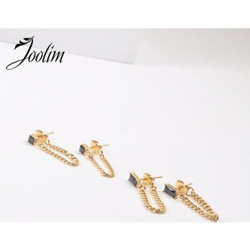 Tarnish Free PVD Gold Finish Fashionable Black Zircon Chain Earring Stainless Steel Tarnish Free Gold Jewelry Wholesale