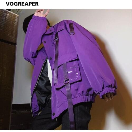 Men Streetwear Mulit-Pockets Ribbons Jacket Windbreaker Harajuku Black Purple Hip Hop Jackets Hipster Cargo Outwear Coats