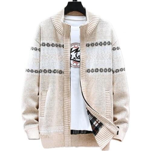 Men Knitted Cardigan Sweater Thick Printing Long Sleeve Autumn Winter Stand Collar Men Loose Sweater Coat Outerwear