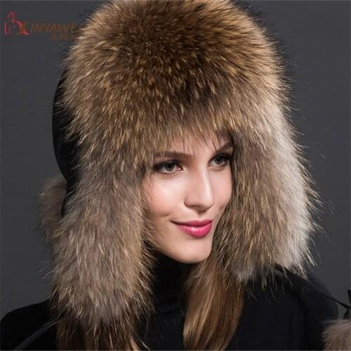 New Fur Hat For Women Natural Raccoon Fox Fur Hats Russian Ushanka Winter Thick Warm Black Bomber Ears New Arrival