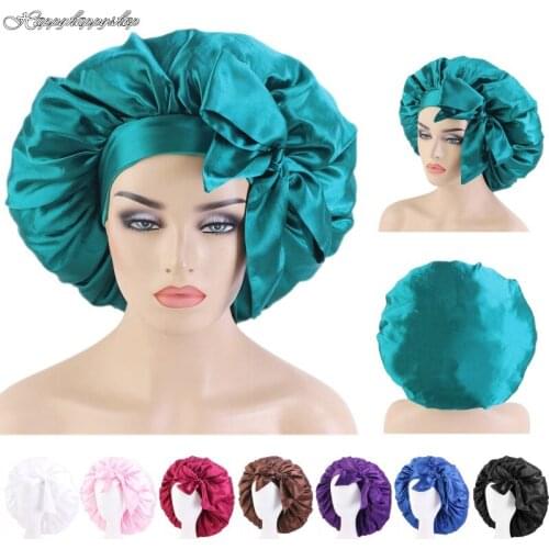Large Size Women Pure Color Satin Bonnet Hair Care Night Sleep Cap Lace Up Bandana Turban Afrcian Headwrap Muslim Hijab Headwear