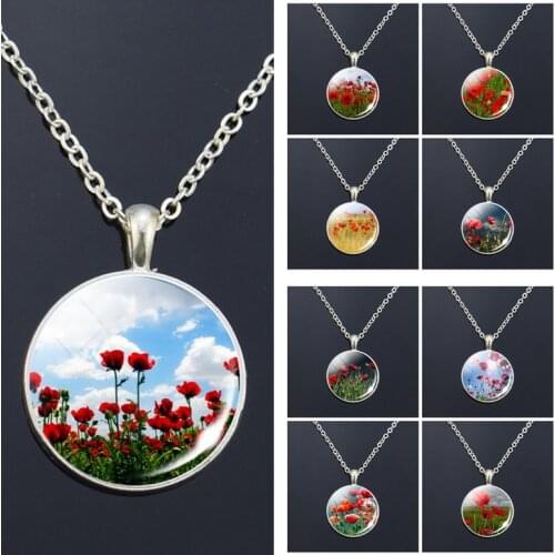 Poppy Flowers Art Pattern Necklace Fashion Silver Color Pendant Glass Cabochon Jewelry Simple Style Pendant Charm Women Gifts