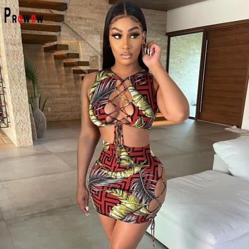 Prowow Summer Print Women Clothing Set Bandage Hollow Out Corset Tops Skirt Two Piece Matching Suits for Lady Fashion Streetwear