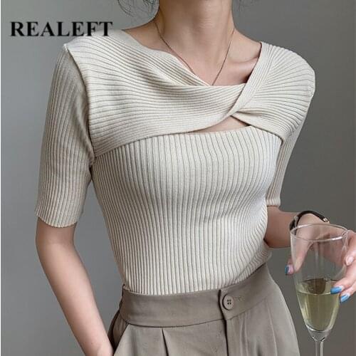 REALEFT Summer 2021 New Elegant Knitting Womens T-Shirts Front Criss-Cross Solid Casual Short Sleeve Female Shirts Tops Tee
