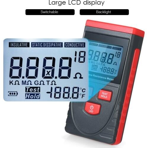 Handheld Surface Resistance Meter Anti-static Insulation Resistance Tester with LCD display Temperature Measurement