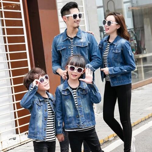 Family Matching Ripped Denim Jacket Mother Father Child Casual Streetwear Coat Tops Solid Color Jean Jacket Denim Clothes