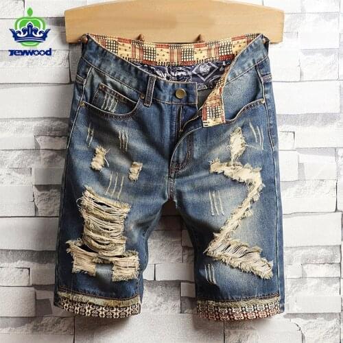Jeywood Brand Summer Mens Hole Ripped Denim Shorts Casual Straight Fit Retro Biker Short Pants Male Brand Streetwear Clothing