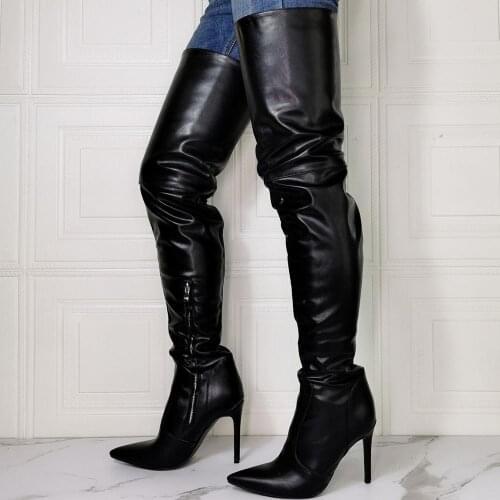 Black Solid Smooth High Quality Pointed Toe Over Knee High Boots Big Size 47 Lady Work Party Thigh High Boots