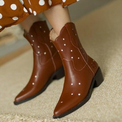 Genuine Leather Lady Hollow Mid Calf Boots Spring Autumn Loose Short Boots Winter Fashion Zipper Thick Heel Cowhide Women Shoes