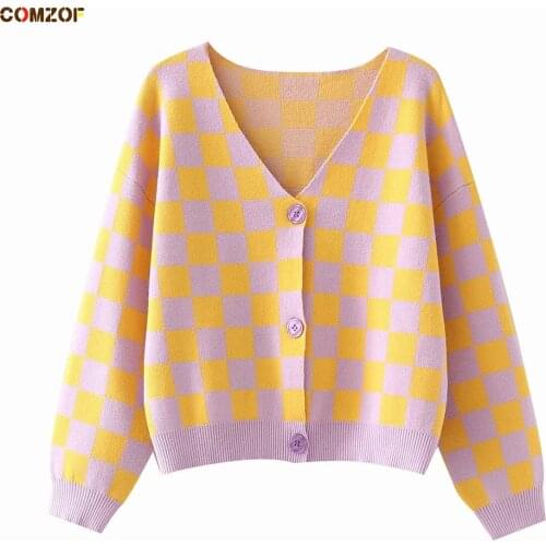 Long Sleeve V-Neck Cardigan Women 2021 Autumn Plaid Checkerboard Knitted Sweaters INS Knitting Coats Tops Pull Femme